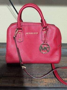 Michael Kors Red Saffiano Dome Satchel with Gold Hardware